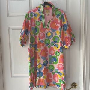 Darling, multicolored leopard dress with stand up collar, lined.